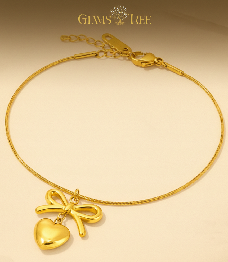 Golden Bow Heart Pendant Bracelet