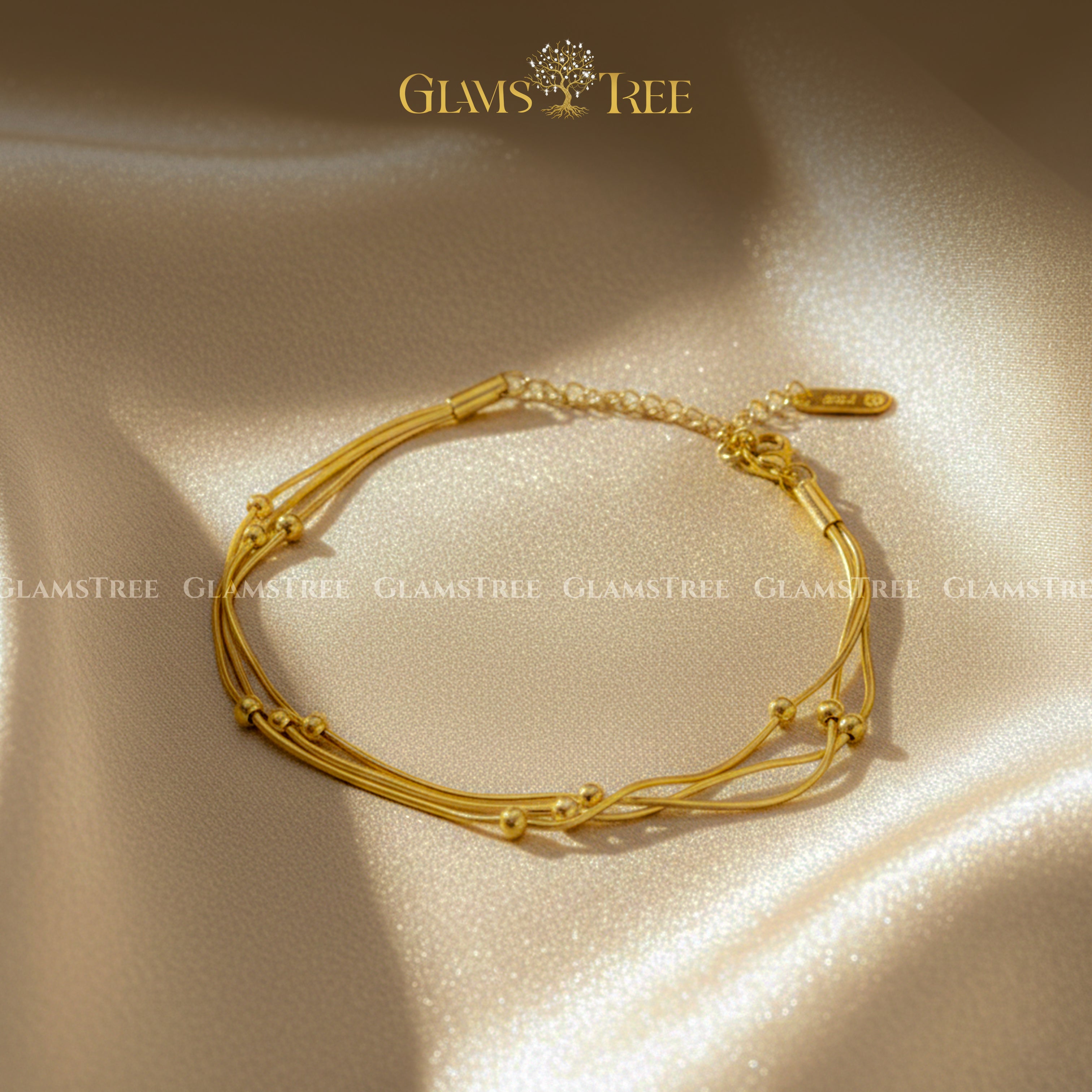 Triple Strand Beaded Snake Chain Bracelet in Gold Finish