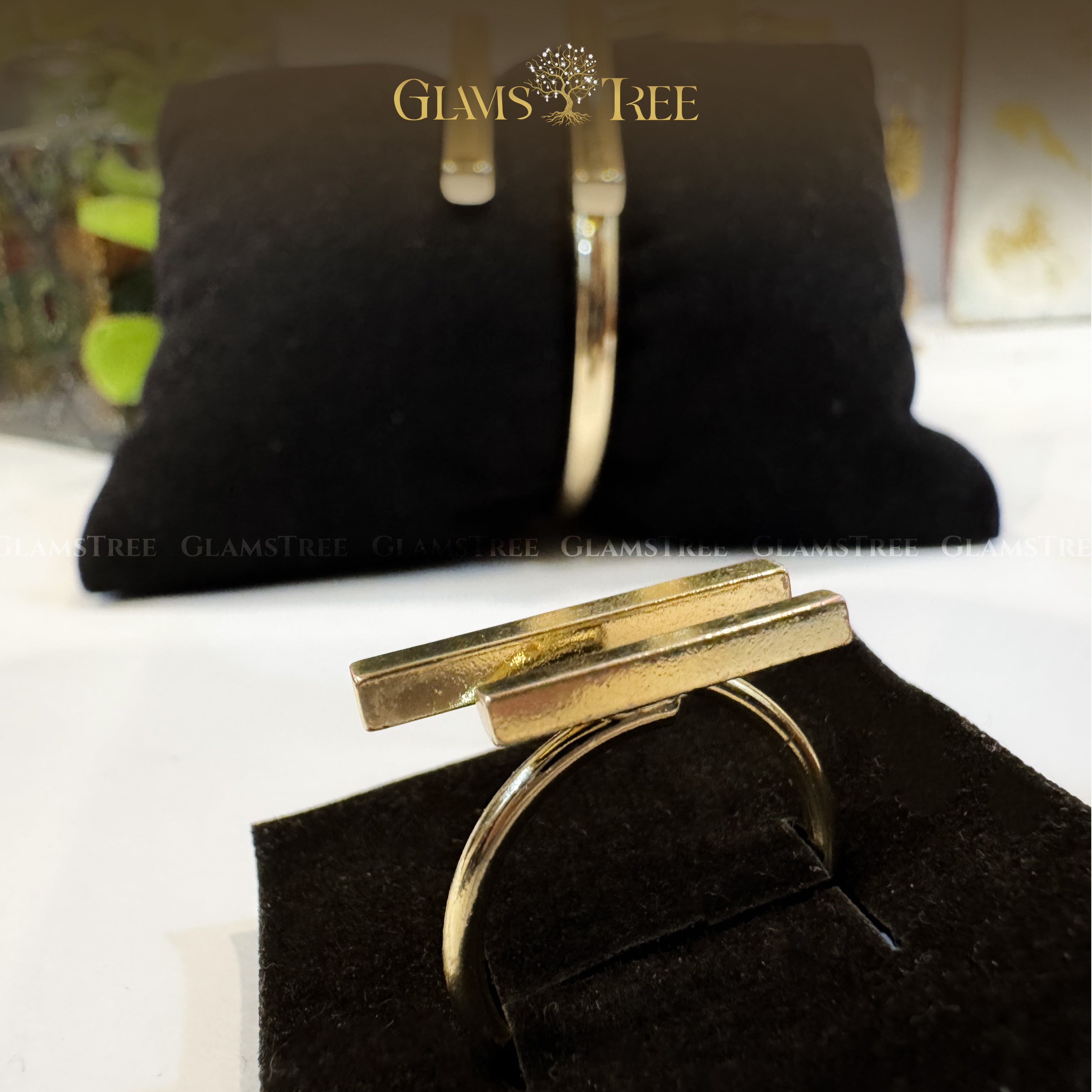 Gold Bar Cuff Bangle with Matching Ring Set - 2