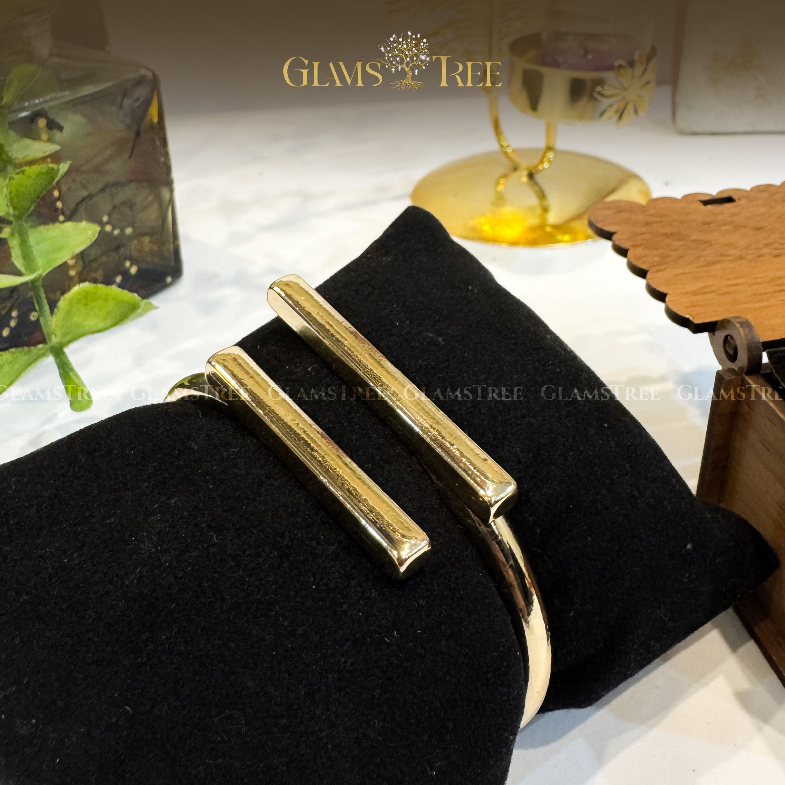 Gold Bar Cuff Bangle with Matching Ring Set - 2