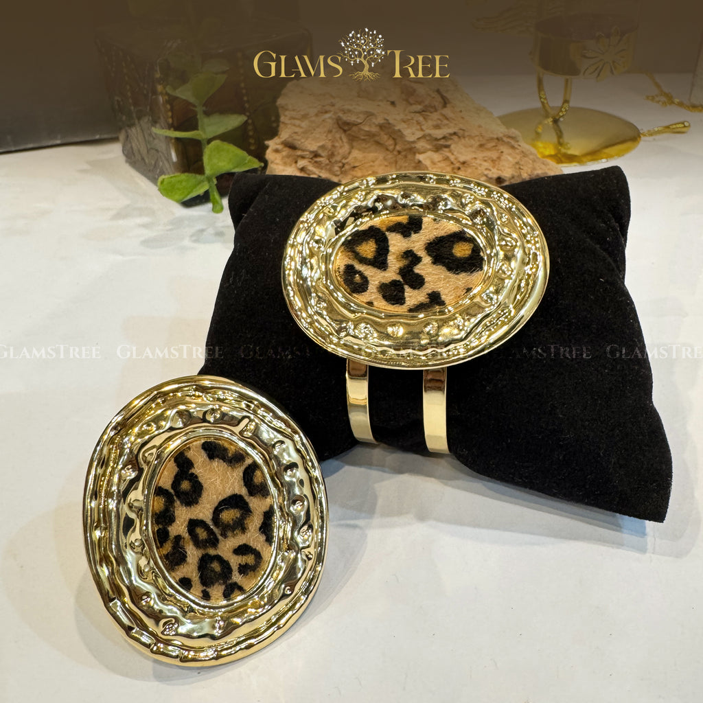 Vintage Leopard Texture Gold Cuff & Ring Set – Premium Fashion Jewelry