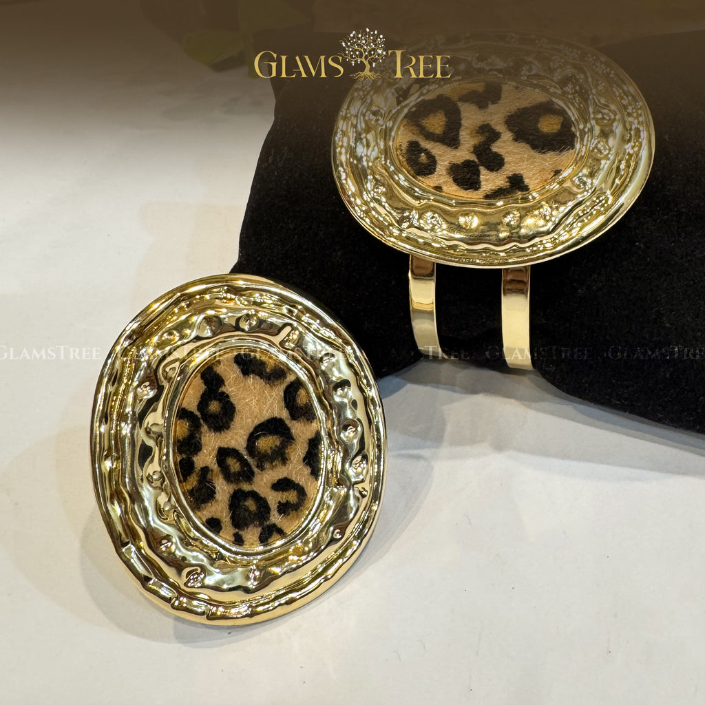 Vintage Leopard Texture Gold Cuff & Ring Set – Premium Fashion Jewelry