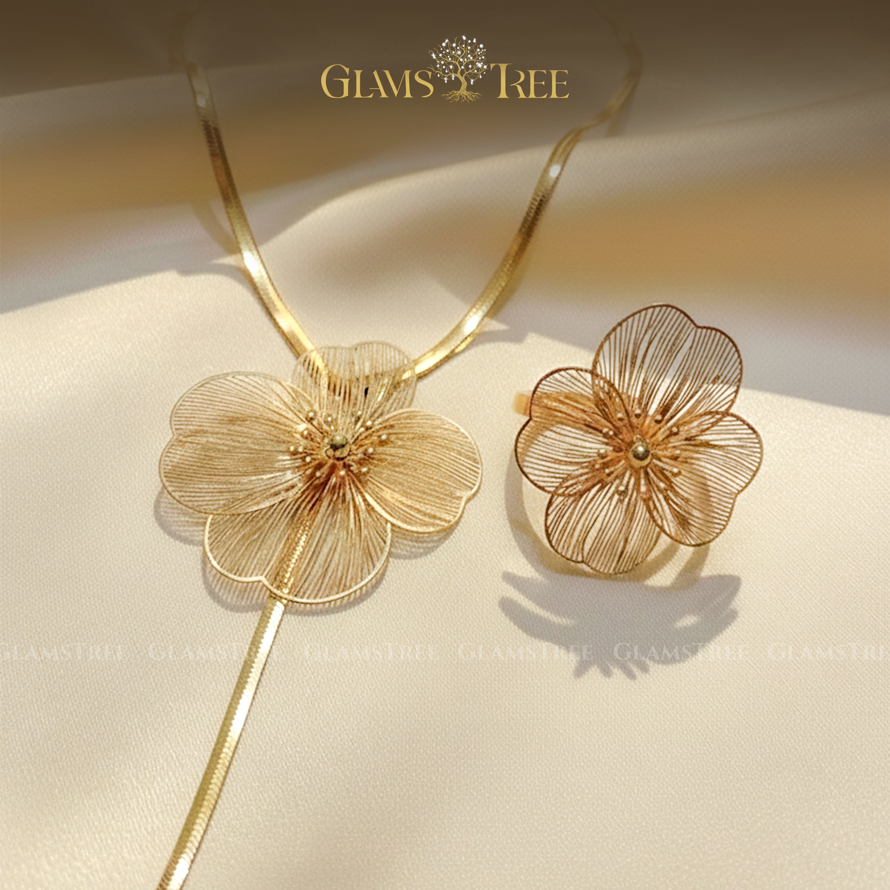 Elegant Floral Gold Necklace, Earrings & Ring Set - 3