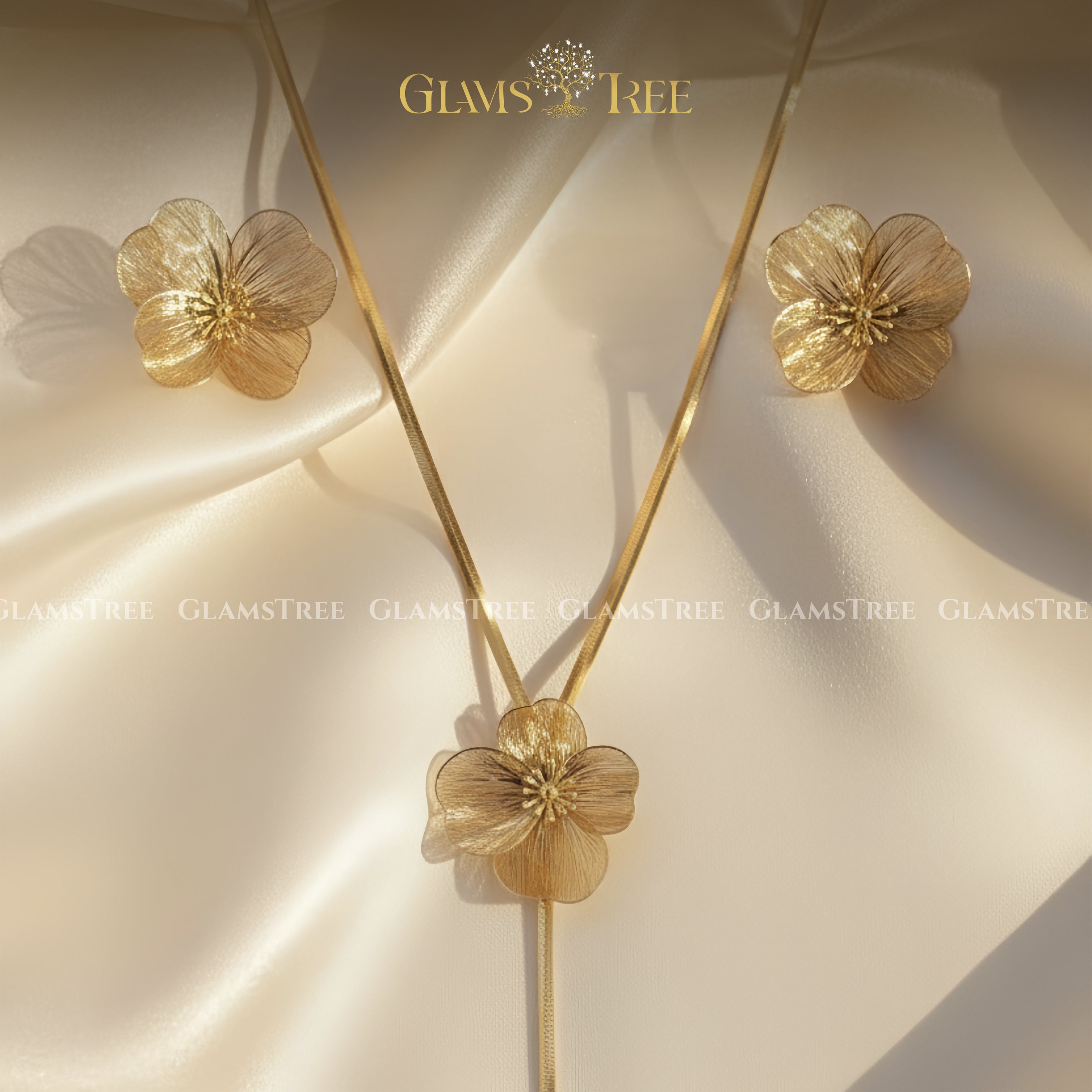 Elegant Floral Gold Necklace, Earrings & Ring Set - 3
