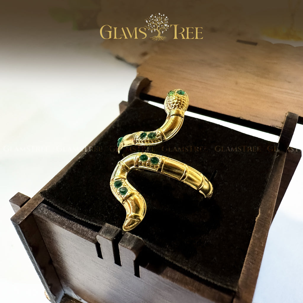 Vintage-Inspired Gold Snake Ring with Green Stones
