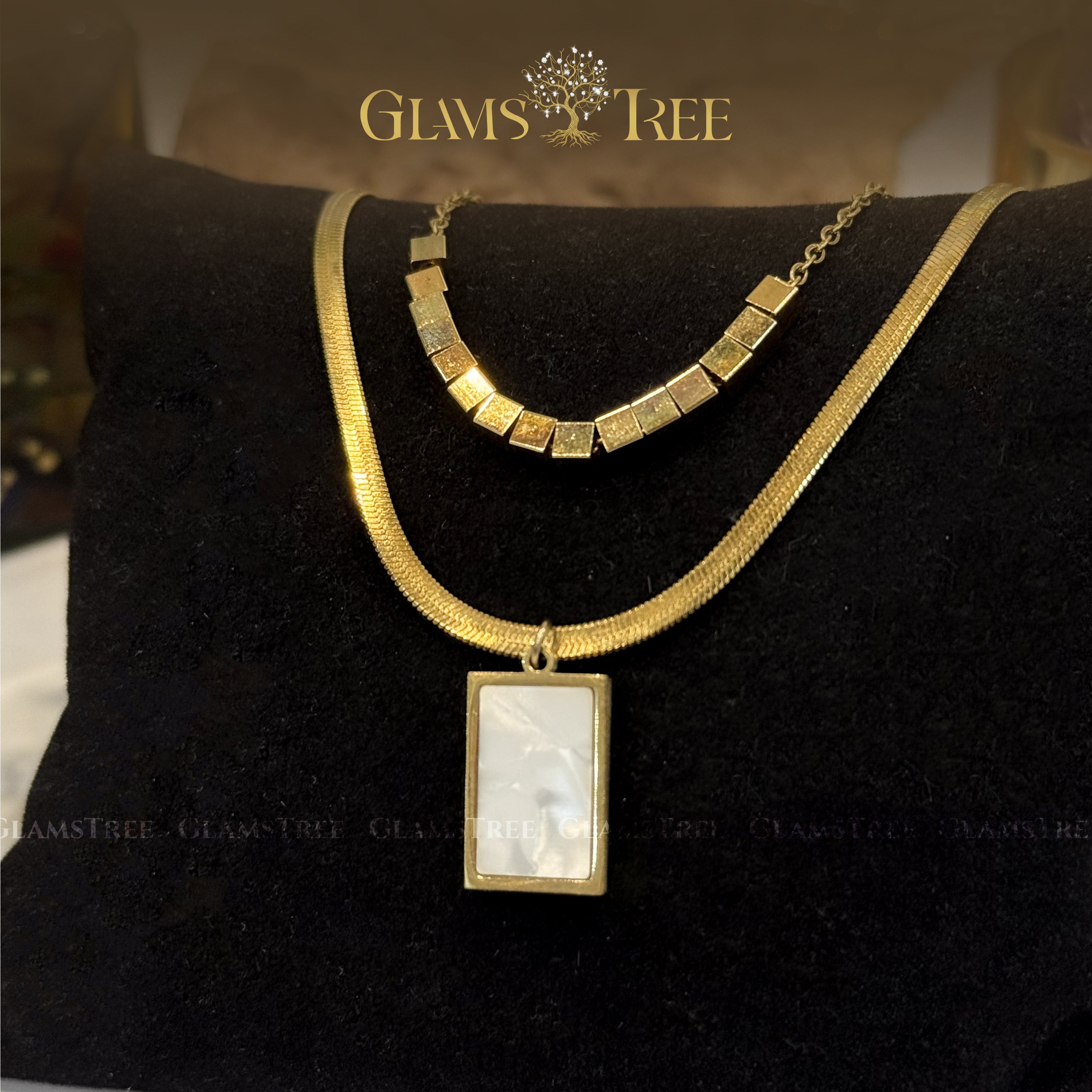 Beaded Chain & Rectangle Stone Pendant